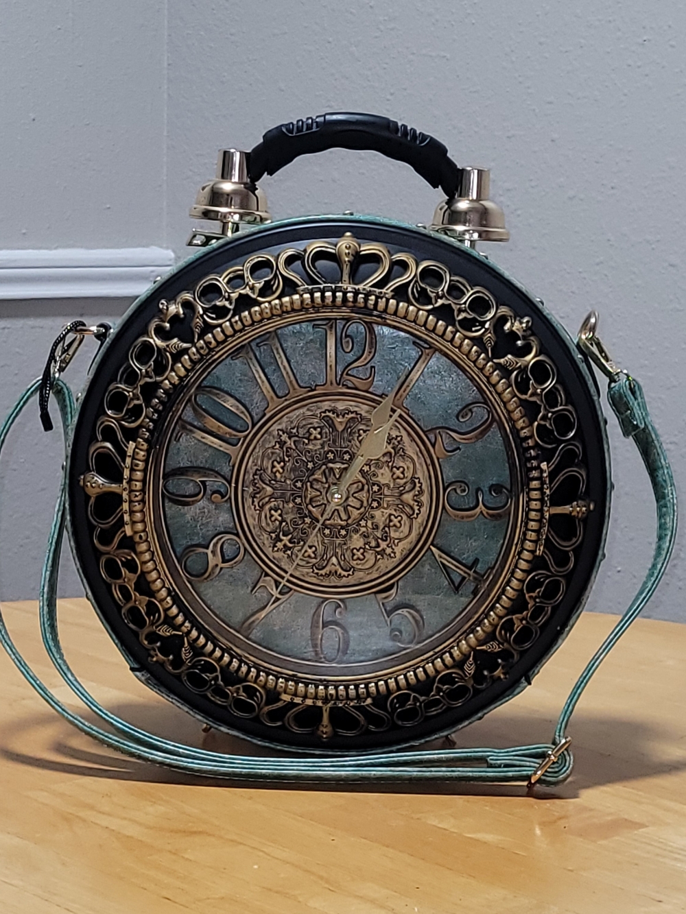 Round Vintage Clock-Face Crossbody Bag in Teal and Antique Gold
